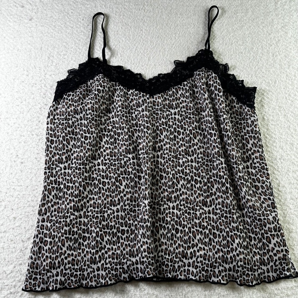 Everleigh Animal Leopard Print Y2K Cami Top Black Lace Trim Pleated‎ Size L